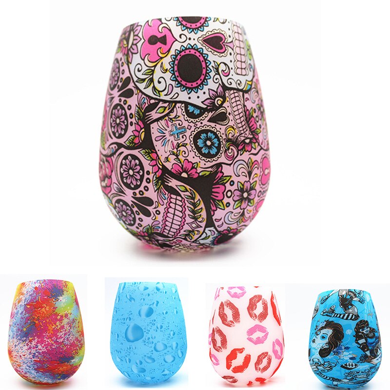 Unbreakable Silicone Wine Glasses BPA-Free Portable Printed Outdoor Wine Cups For Travel Picnic Pool Boat Camping Drink Cup