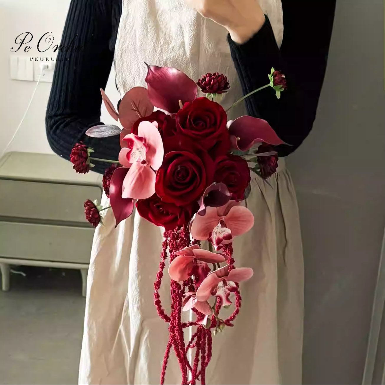 PEORCHID Kunstblumen-Hochzeitssträuße in verrotten mit Kaskadenstruktur für Brautjungfern, Ramo Novia, Orchideen und Rosen, künstlicher Blumenstrauß mit echter Haptik