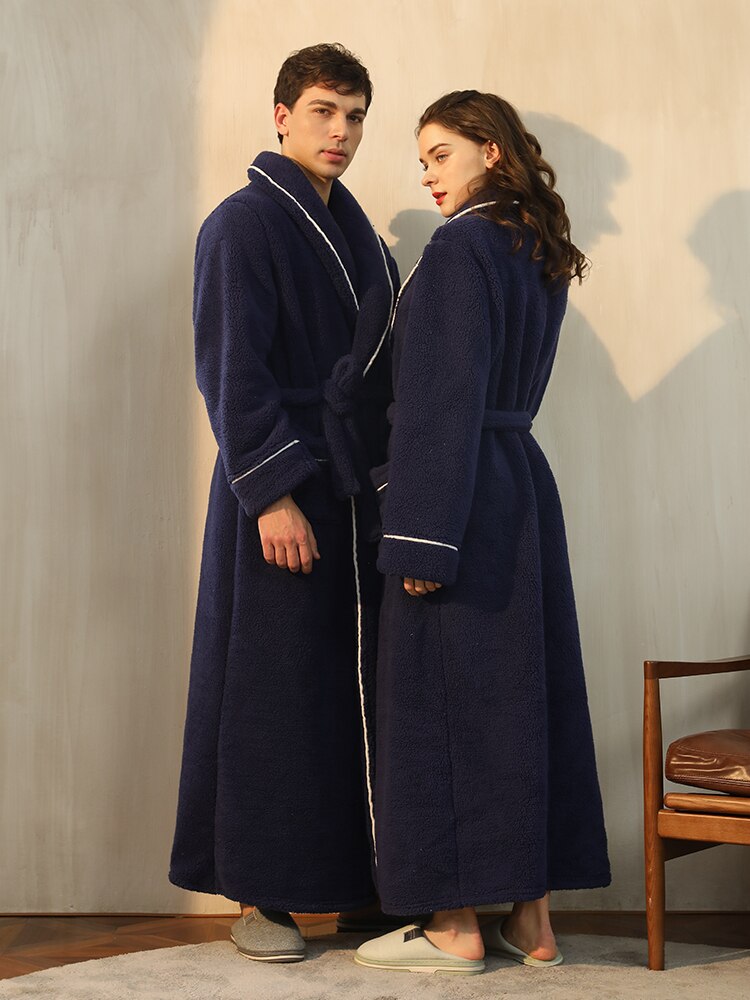 Bata larga y cálida de lana para hombre y mujer, albornoz grueso y suave, bata de baño cálida para invierno