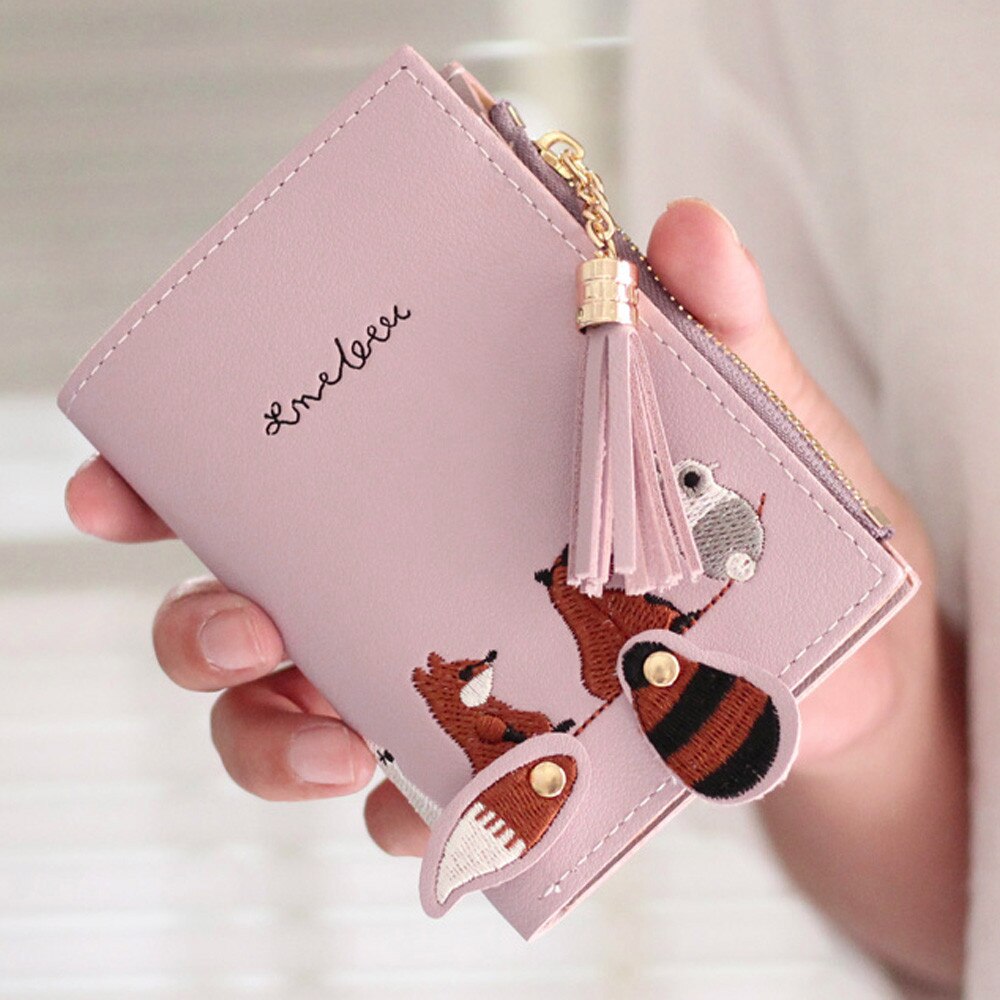 Damen-geldbörse mit fuchs- und katzenmotiv, kurze geldbörse mit quaste, münzfach, kartenhalter, handtasche, rosa, grün, schwarz, grau, damen-geldbörsen und -portemonnaies, carteira  #t20