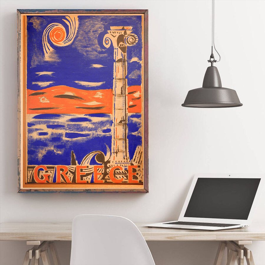 Kreikka kaupunki matkajuliste seinätaide tarra vintage voimapaperi kahvila pubibaari hotellin sisustus käsinmaalattu maisemakuva 42 x 30cm