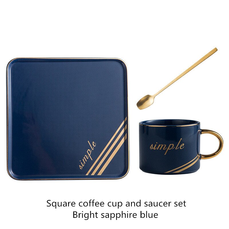 Ceramic coffee cup set square cup saucer spoon breakfast milk coffee cup bread dessert saucer couple: Bright sapphire blue