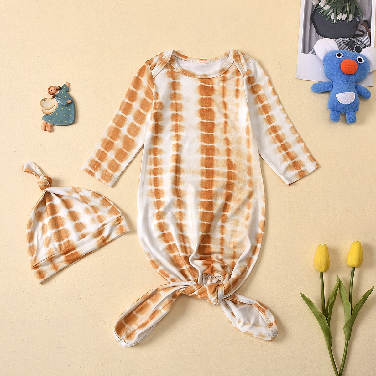 2 Stuks Baby Slaapzak Set Tie Dye Printing Ronde Kraag Lange-Mouwen Een Stuk Zak + Leuke Hoed Peuter Jongens Meisjes 0-6 Maanden