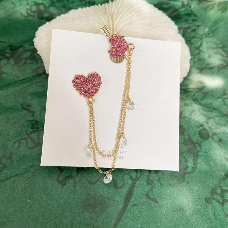 Mengjiqiao coreano elegante brilhante strass amor coração longo chian gota brincos para as meninas 2 em 1 pendientes doce jóias: pink