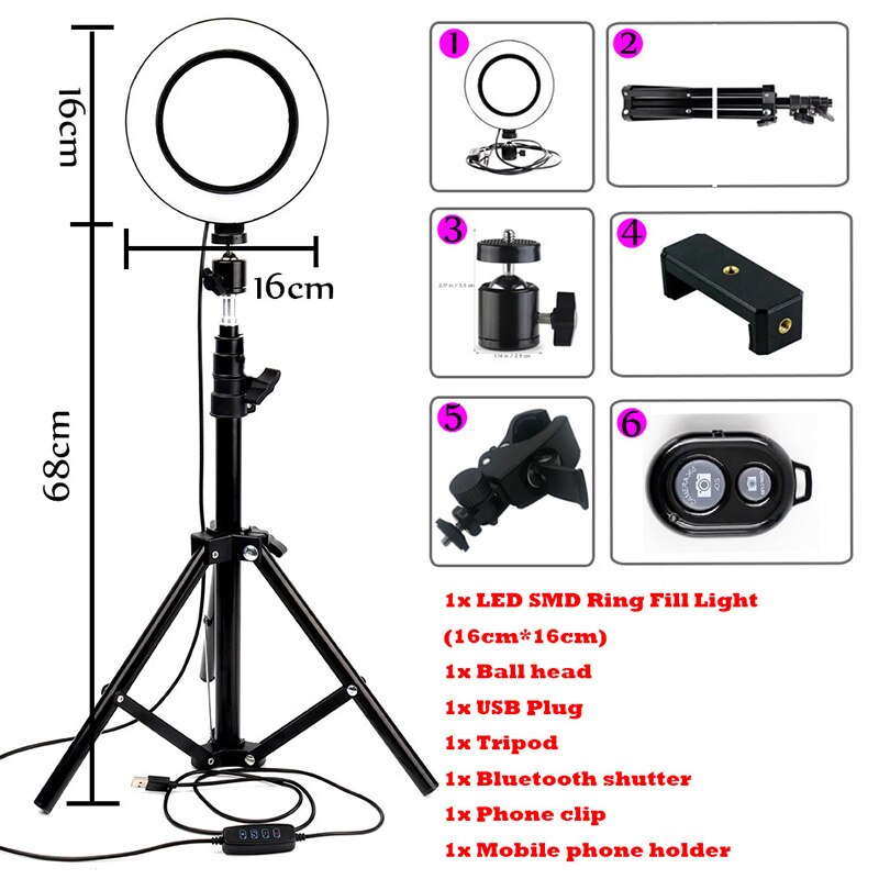 Dimmable Ring LED lamp Studio Camera Ring Light Photo Phone Video Light Lamp With Tripods Selfie Stick Ring Fill Light: Black