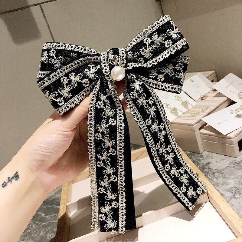 Vintage Fabric Big Bow Brooch Lace Embroidery Bowkont Necktie Shirt Collar Jewelry for Women Accessories: black