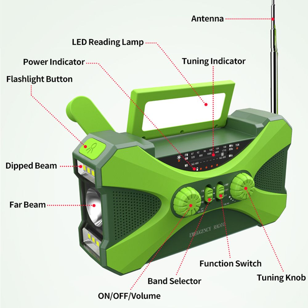 Portable Radio Hand Crank 3-in-1 Reading Lamp Flashlight Solar Charging AM FM NOAA Emergency 10000mAh Power Bank for Cell Phone