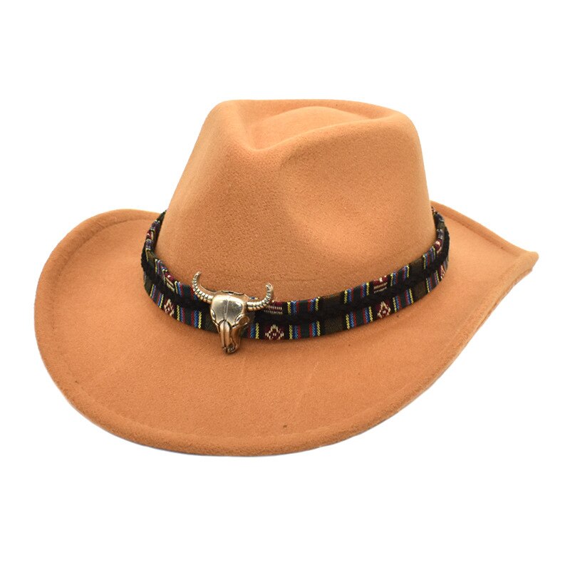 Lidasfish-Sombrero de vaquero occidental de ala ancha con banda para la Cabeza de Vaca, sombreros de Jazz de fieltro para hombre y mujer, gorra de Panamá negra, Otoño e Invierno: Camello