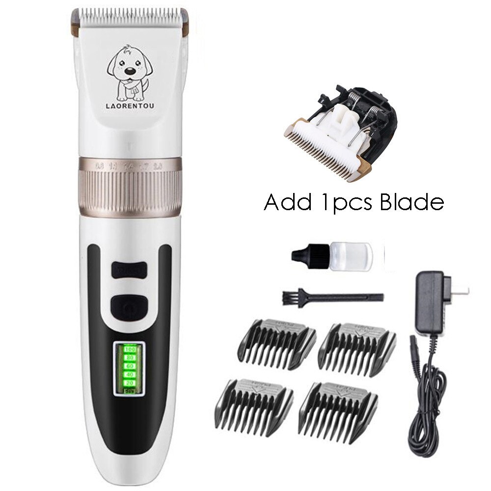 Cortapelos recargable para mascotas y gatos, recortador de pelo para perros, Afeitadora eléctrica, Kit de máquina de corte de pelo de litio 18650 para animales: White Add 1pcs Blade