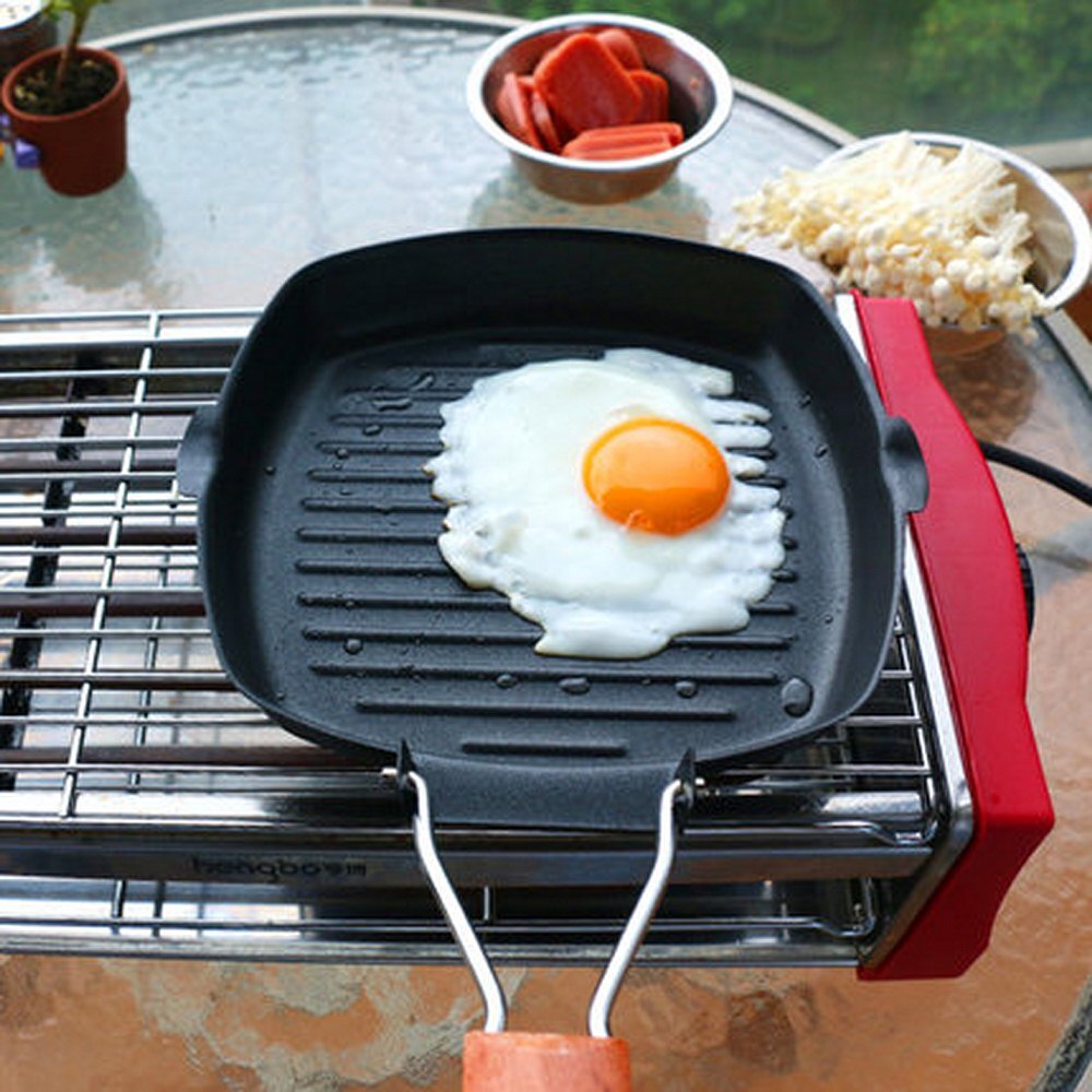 Non-stick Steak Frying Pan Cast Iron Wooden Handle Folding Pancakes Frying Pan Square Grill Plate Kitchenware Cooking Tools