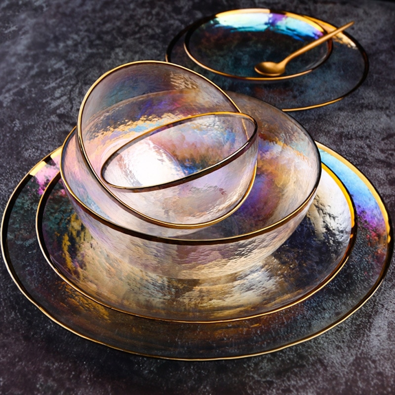 Creatieve Japanse Stijl Regenboog Ion Gehamerd Glas Plaat Set Westerse Salade Fruitschaal YHJ022701