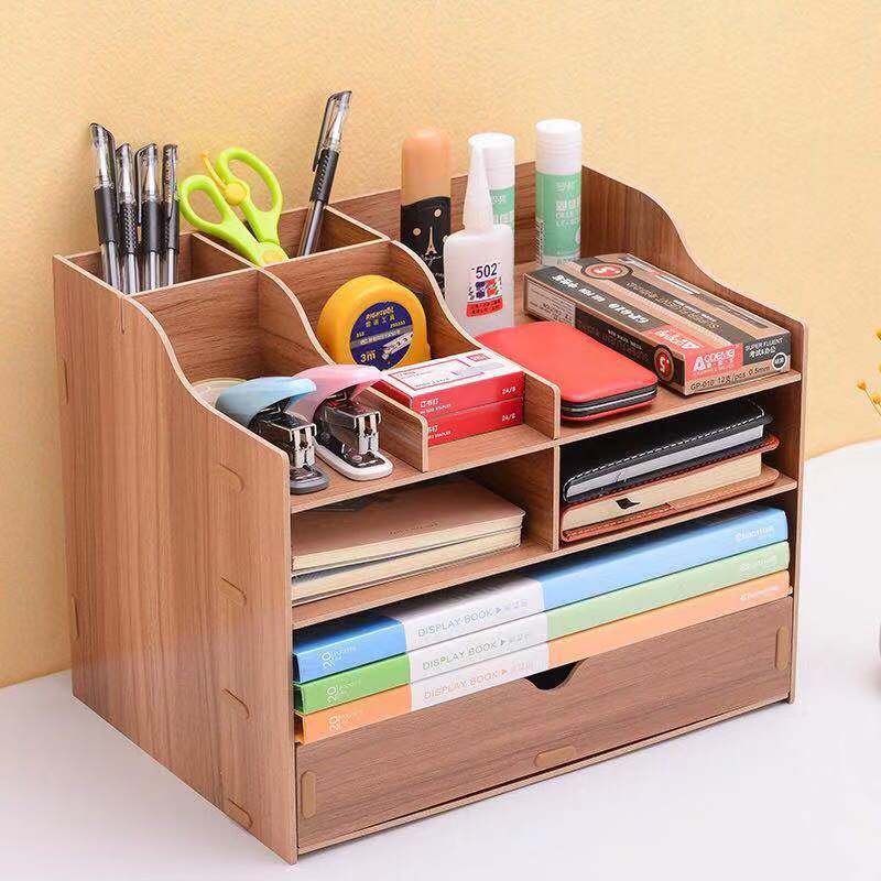 Trieur de documents de bureau en bois à 4 niveaux, support de documents A4 porte-plateau avec porte-stylo organisateur de bureau pour le bureau et la maison