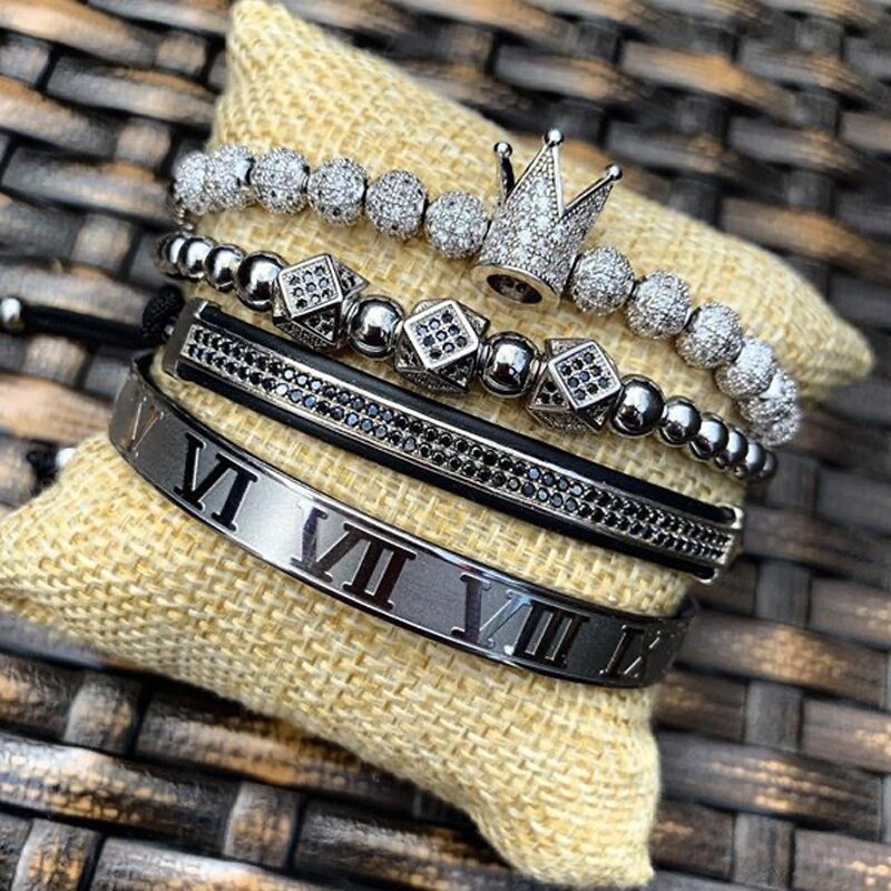 4 Stks/set Mannen Rvs Cz Zirkoon Crown Romeinse Cijfer Armband Hip Hop Armbanden Punk Handgemaakte Sieraden