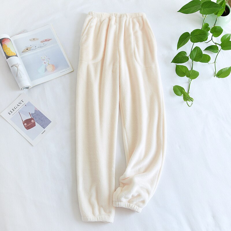 Pijamas de franela de pierna cerrada para mujer, pantalones cálidos para el hogar, Color sólido, holgados y Pijama gruesa, franela femenina: Creamy-white / M