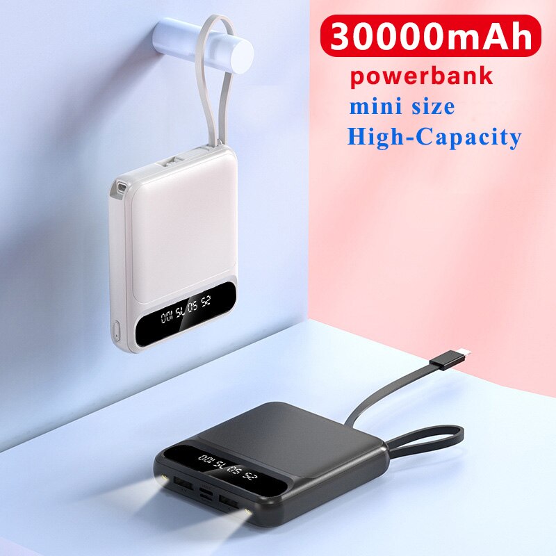 30000Mah Mini Power Bank Met Digitale Display Draagbare Lading Powerbank Ingebouwde Kabels Externe Batterij Fast Charger Voor Iphone