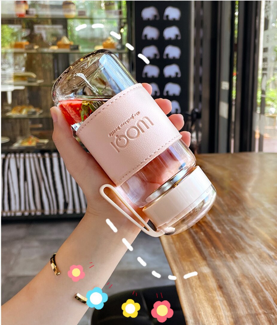 Botella de cristal portátil resistente al calor, 340ML, 480ML, para bebidas, agua fría, zumo, té, con tapa de tornillo, filtro, red fácil de llevar