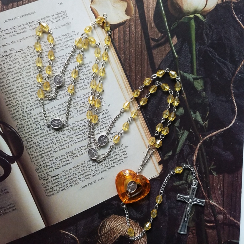 thumbnail image 2 of Virgin Mary 8mm Golden Sandstone Beads Religious Cross Necklace 2 of 13