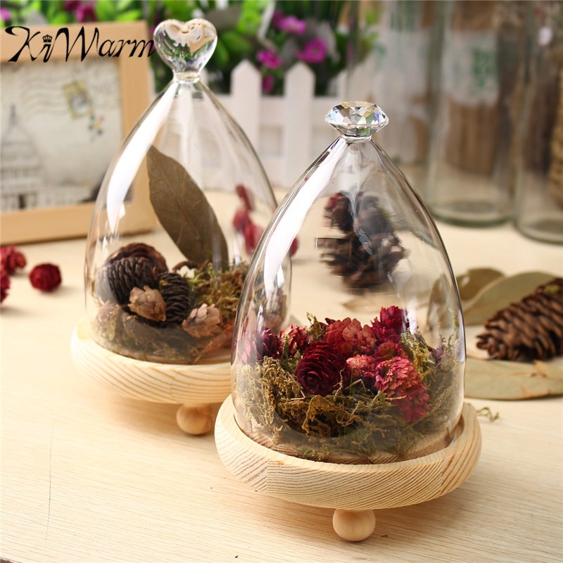 KiWarm vidrio exhibidor Cloche Bell Jar Domo Flor de preservación inmoral jarrón Base de madera decoración del hogar ornamento