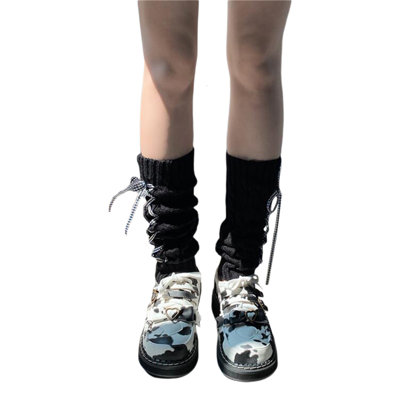 Scaldamuscoli autunnali da donna, calzini alti lavorati a maglia elasticizzati senza piede con fasciatura tinta unita per ragazze, bianco/nero: Black