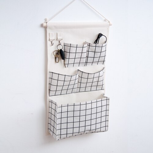 Canvas Storage Hanging Bag Wall Hanging Door Dormitory Hanging Bag 5 Pocket Space Sundries Hanging Organizer: White Plaid