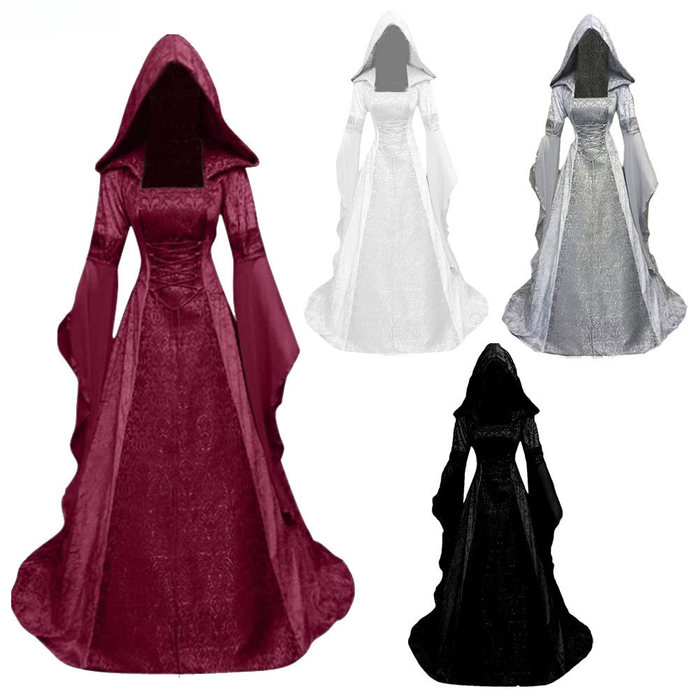 Abito da strega deluxe da donna, abito lungo con strascico medievale rinascimentale, costume da diavolo pagano per halloween, strega, abito da sposa con cappuccio