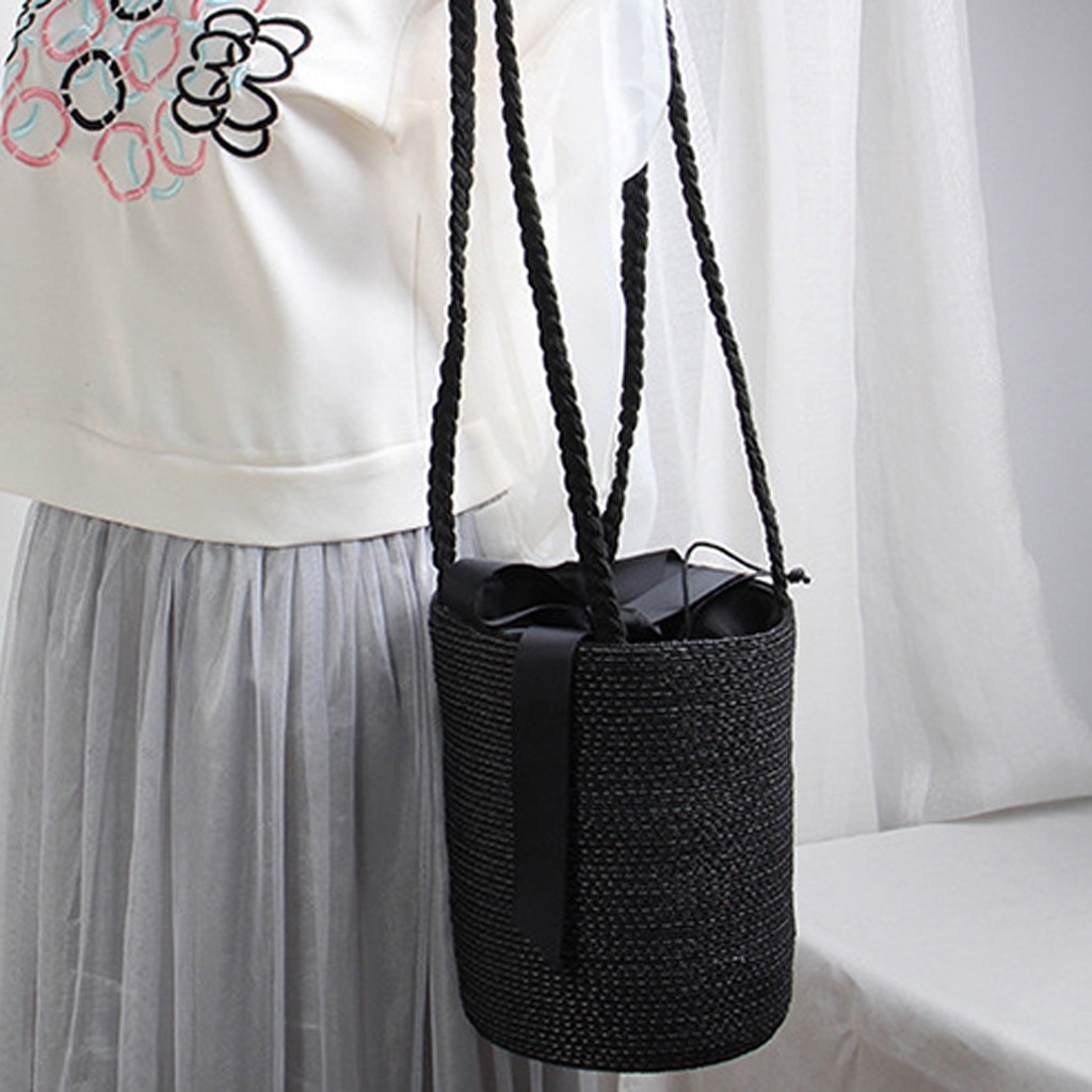Dam bucket halmväska vävd axelväska beach messenger bag bolso mujer sling bags för kvinnor bolso verano#s