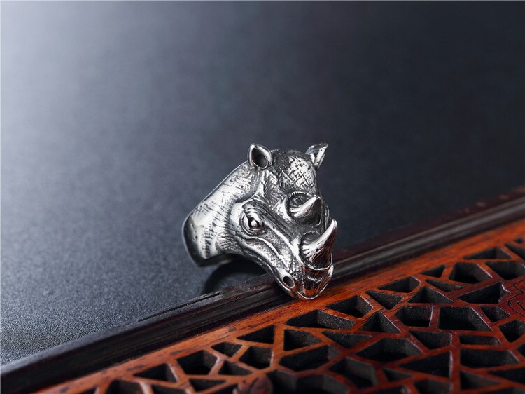 Silver color Male Punk good detail 316L Stainless Steel Animal Rhino Ring Hop Mens 3D Jewelry for man