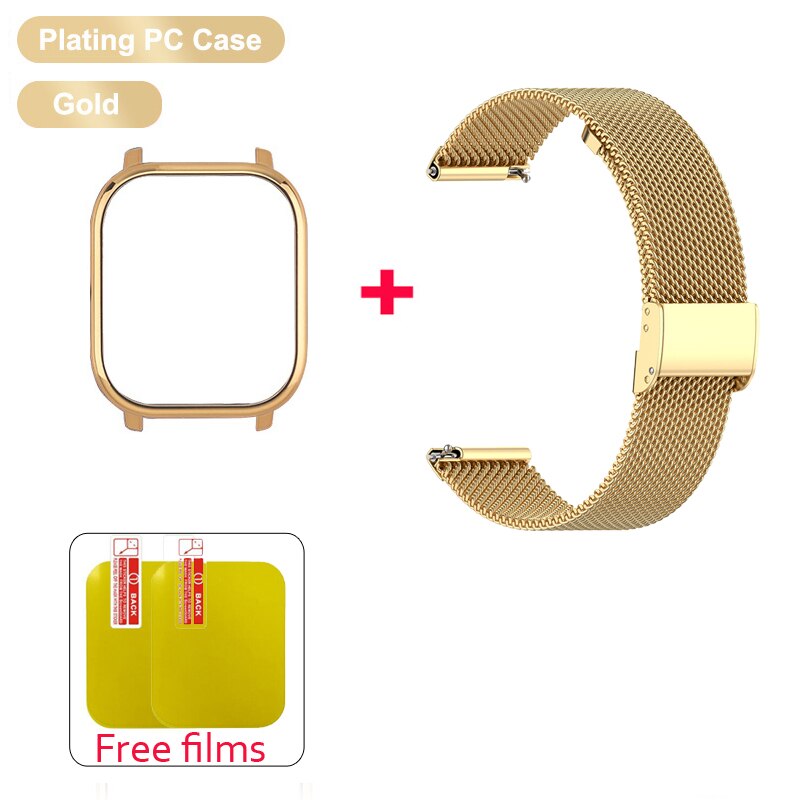 P8 cinta caso protetor filme pulseira de metal para colmi p8 pulseira de relógio universal p8 1.4 polegada relógio inteligente caso protetor banda pulso: PC case gold / Universal P8
