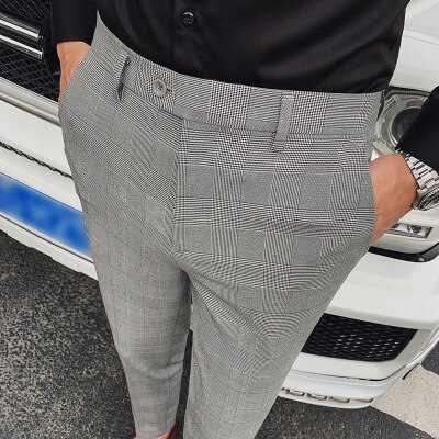 Mænds casual business bukser retro plaid herre komfortable små bukser underdele: Grå / 34