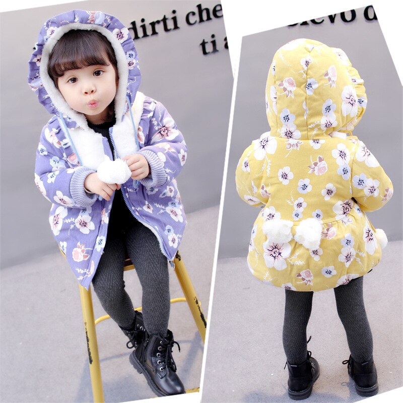 Cute Winter Baby Girls Coat Kids Girls Jacket Warm Children Outerwear Flower Thick Cotton Padding Girls Coat Children Clothing