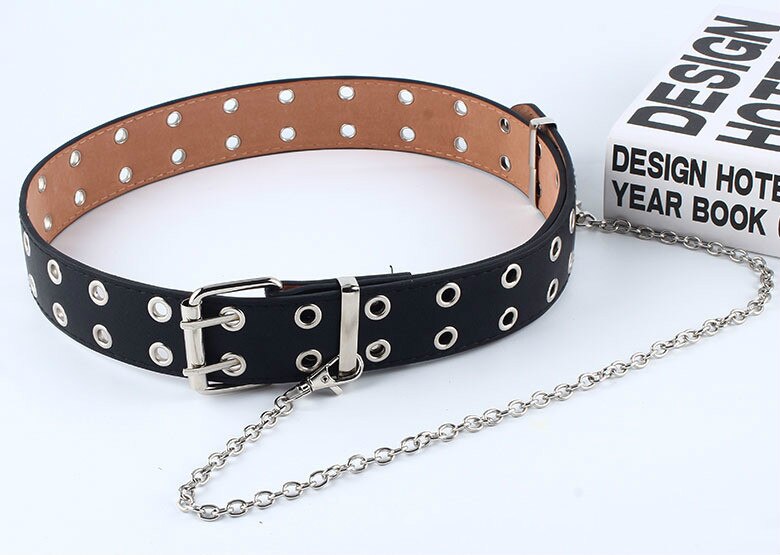Women Punk Chain Belt Adjustable Black Double/Single Eyelet Grommet Leather Buckle Belt: C