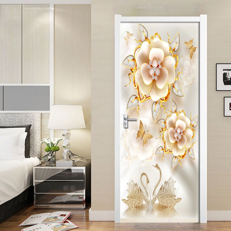 Joyería en relieve 3D, pegatina de lujo de flores para puerta 3D, Mural de pared, papel tapiz para puerta de habitación, Pegatina autoadhesiva de pared, decoración impermeable