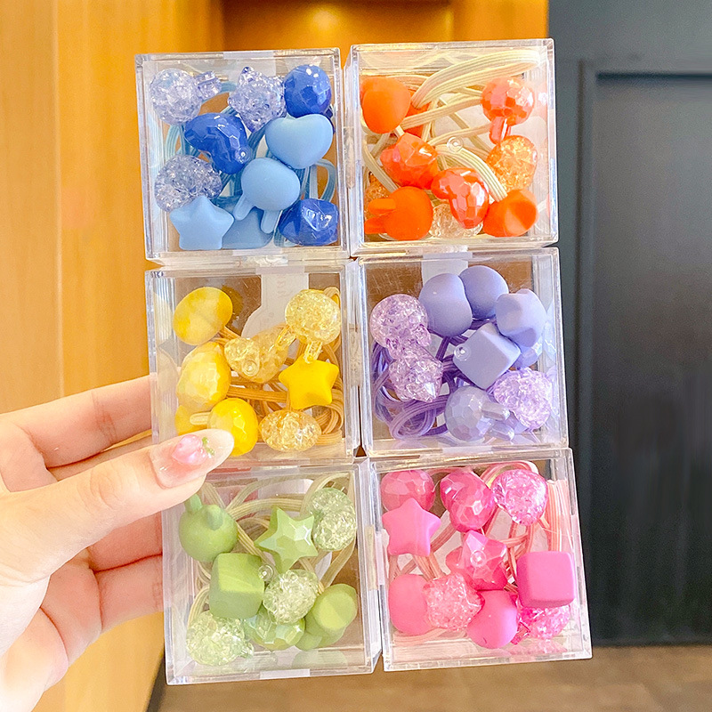 【Juego de 10 piezas】 tocados súper bonitos en caja, banda de goma para el pelo de dibujos animados para niños de color caramelo, tocado con bola de cristal