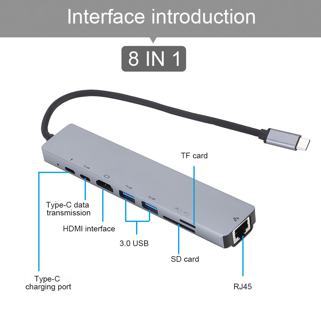 Hub USB tipo C 8 en 1, HDMI, RJ45, Ethernet, USB 3,0, puertos SD/lector de tarjetas TF, USB-C, PD, de energía para MacBook Pro