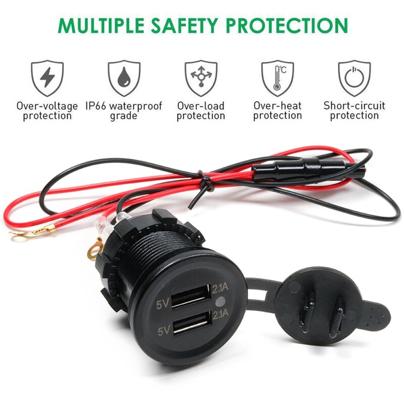 IP66 Water Proof 12V DC 2 USB Motorcycle Cigarette Lighter Socket Charger Connector and Fuse Converter Plug for Car Moto Boat 5V