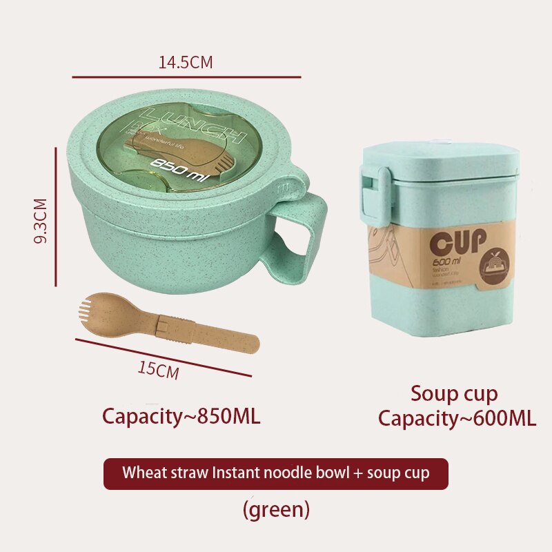 Vetehalm mikrovågsugn snabbnudelskål med lock sovsal japansk stil kontorsarbetare student ramen skål handtag servisset: 2- gröna set 850ml