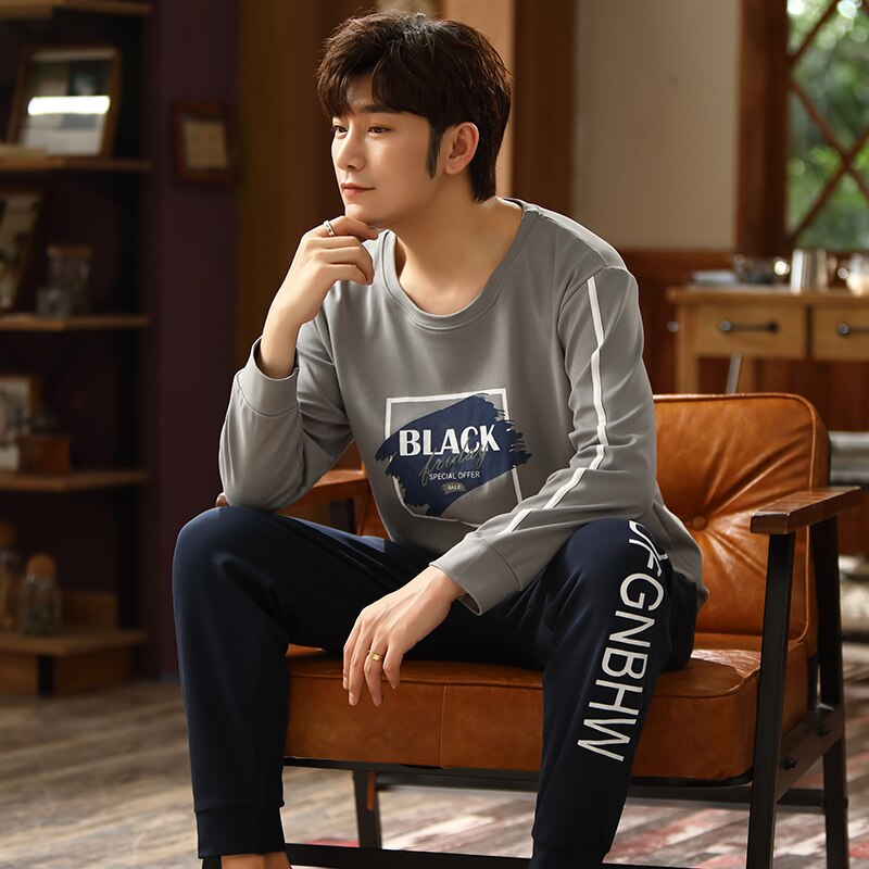 Brief Print Pyjama Mannelijke Herfst Pure Volledige Katoen Pyjama Set Voor Mannen Nachtkleding Pak Homewear Nachtkleding Lange Mouw Pijama Hombre