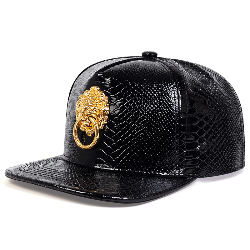 Snapback Men Flat Baseball Cap Golden Lion Loop Multi Color Figure PU Leather Hip Hop Cap Punk Casual Street Trend Caps: black