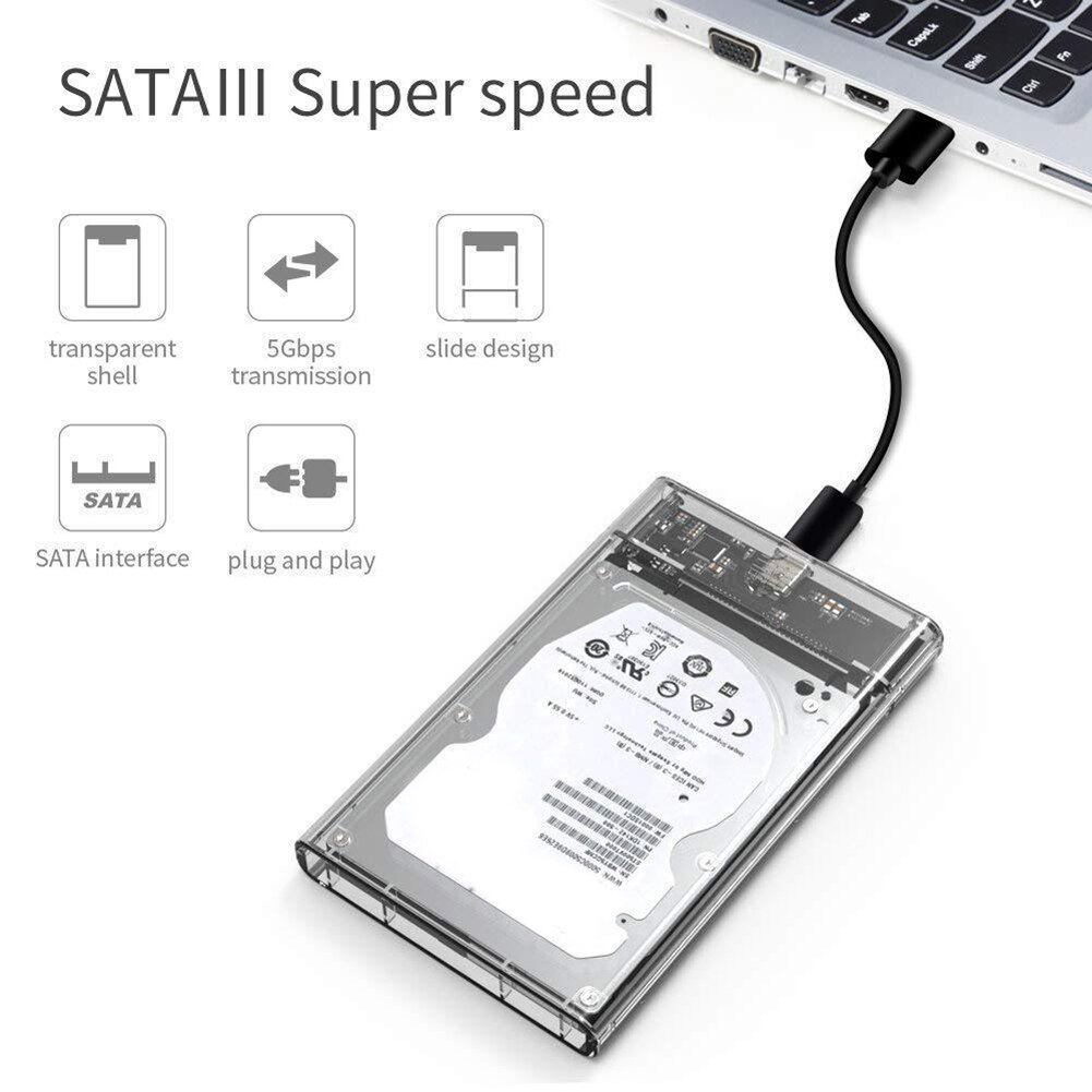 Boîtier de disque dur réversible 2.5 pouces Transparent SATA vers USB 3.1 support pour disque dur sans outil 5Gbps Type C SSD boîtier de disque dur 10Gbps