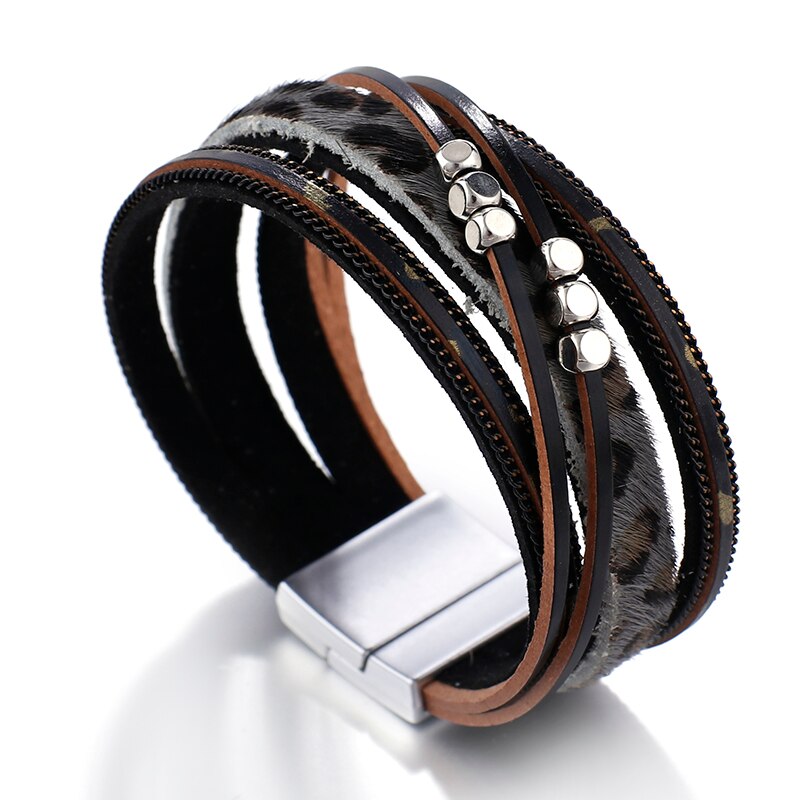 Amorcome luipaard leren armbanden voor dames metalen kralen bohemian brede wikkelarmband dames feest sieraden: Donkergrijs