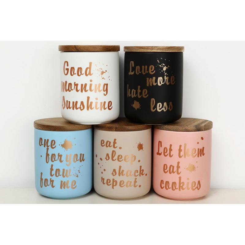 Nordic Style Ceramic Storage Bottle Jar For Spices Wood Lid Cans Kitchen Coffee Tea Candy Cane Container Cans For Storage Box