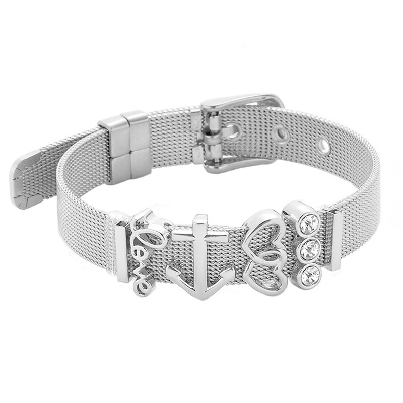 Mesh Bracelets Slide Crystal Love Heart Charms Fine Bracelet Stainless Steel Bracelet for Woman Valentine's Day Jewelry