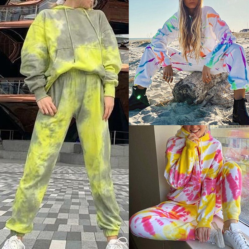 Women Tie Dye Tracksuit Two-piece Set Long Sleeve Top Elastic Waist Long Pants Women Running Sportswear