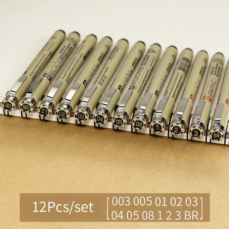 Sakura Pigma Micron Porous-Point Pens Waterproof Brush Pen Set Needle Drawing Pen Comic Hand-painted Water-based Hook Line Pen: 12Pcs