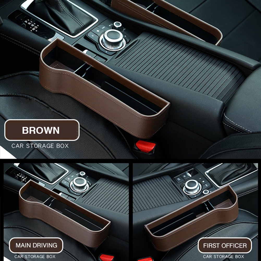Car Front Left Seat Crevice Leather Storage Box Multi-function Foldable Gap Tidying Organizer Auto Car Interior Accessories: Brown