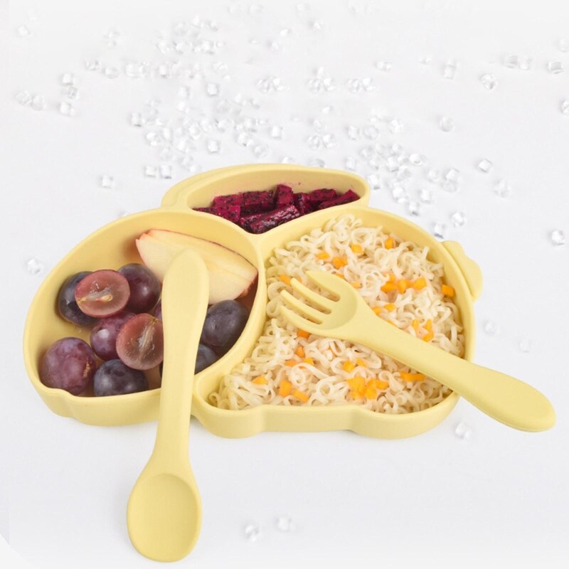 Baby Suction Bowl Divided Dinner Plate Infants Learning Feeding Dish Non-toxic BPA-Free Silicone Solid Color Cute Cartoon
