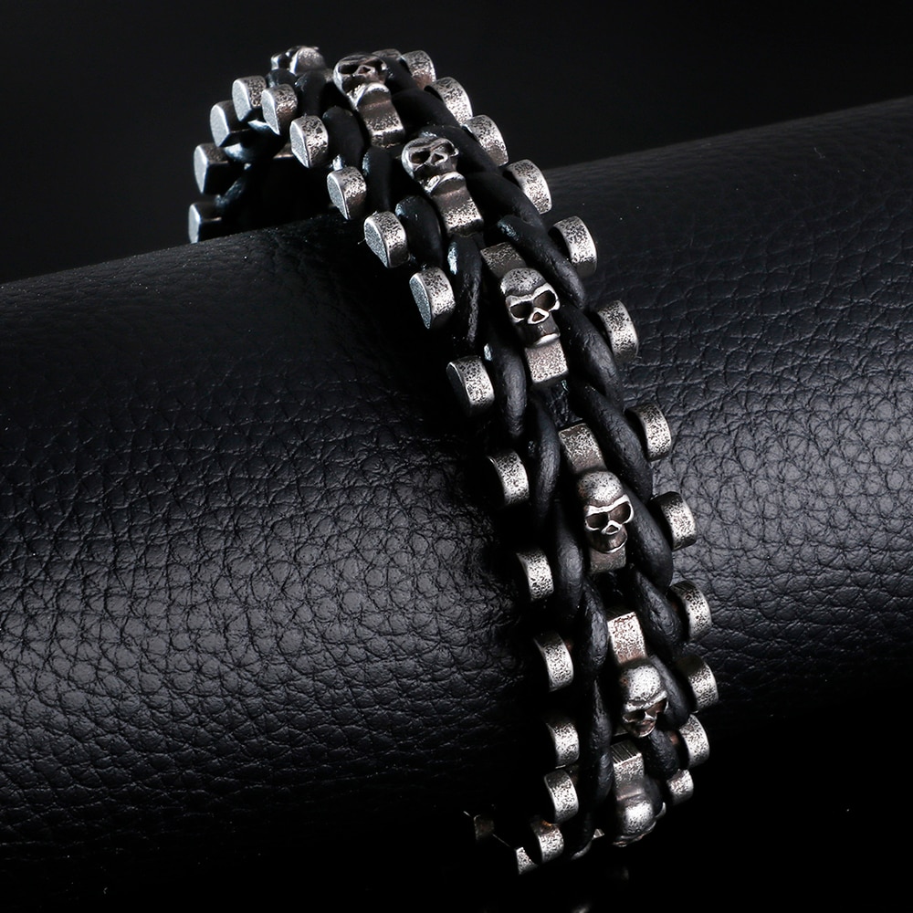 Schädel Armbänder Für Männer Edelstahl Gothic Geist Kopf Leder Armband Männlichen Mit Gürtel Schnalle Armbanden Schmuck Zubehör