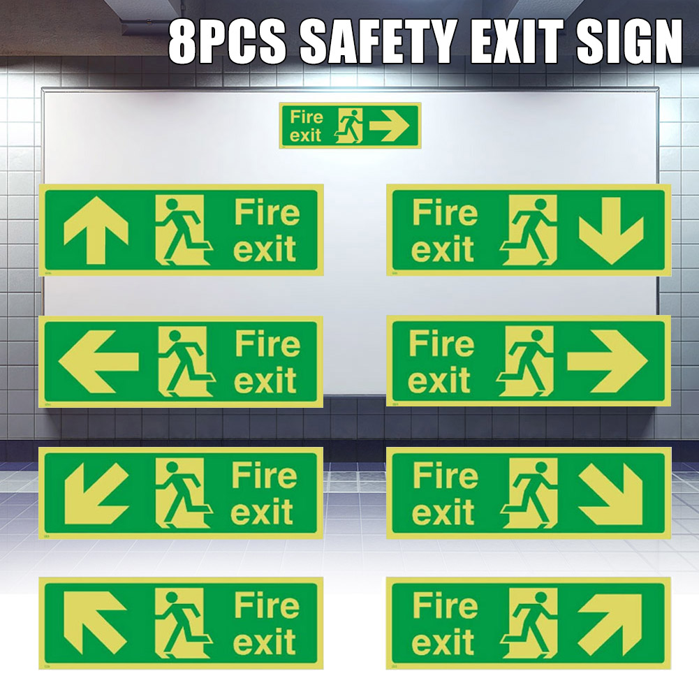 8pcs Photoluminescent Fire Exit Sign 300x100mm Plastic All Direction Arrows VDX99