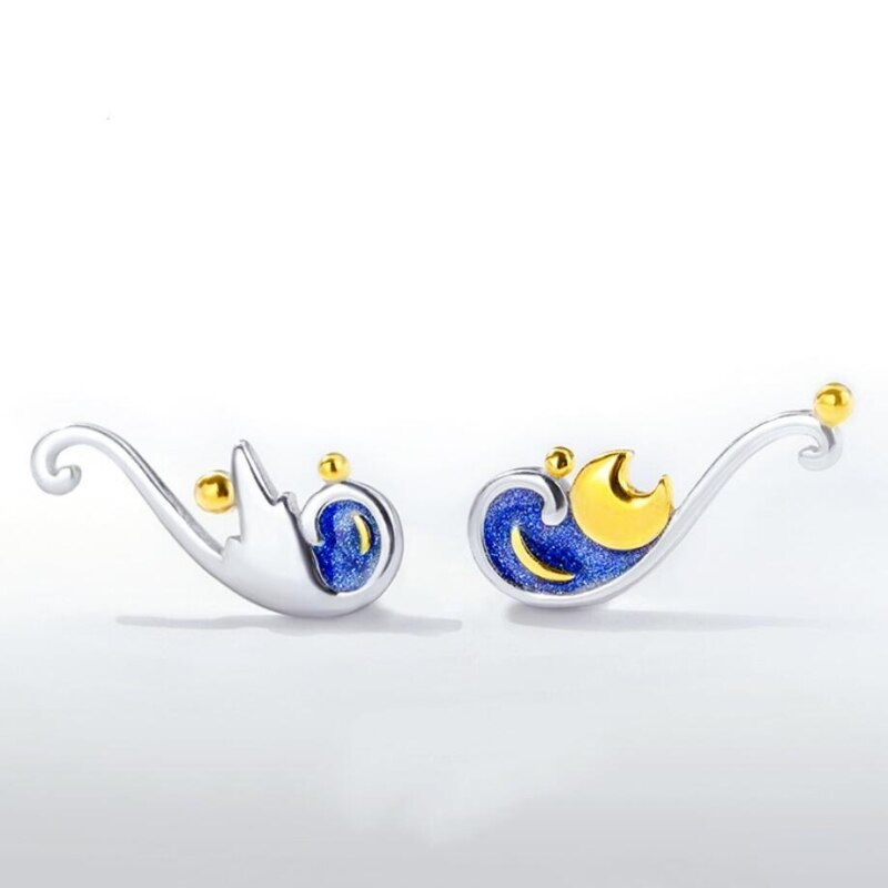WYEAIIR 925 szterling srebro kreatywność awangarda Gogh niebieski kropla glazury gwiaździste niebo złoty księżyc kobiet naszyjnik: Earrings