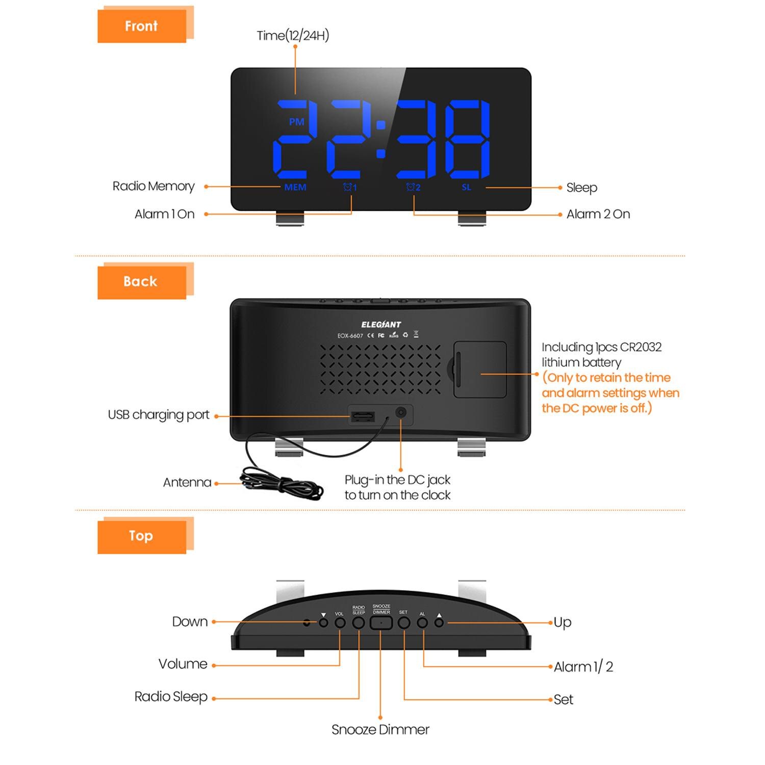 Digital Alarm Clock with FM Radio Dual Alarm 6.7'LED Screen USB Port 4 Brightness 12/24H Automatic Dimmer Snooze Digital Clock